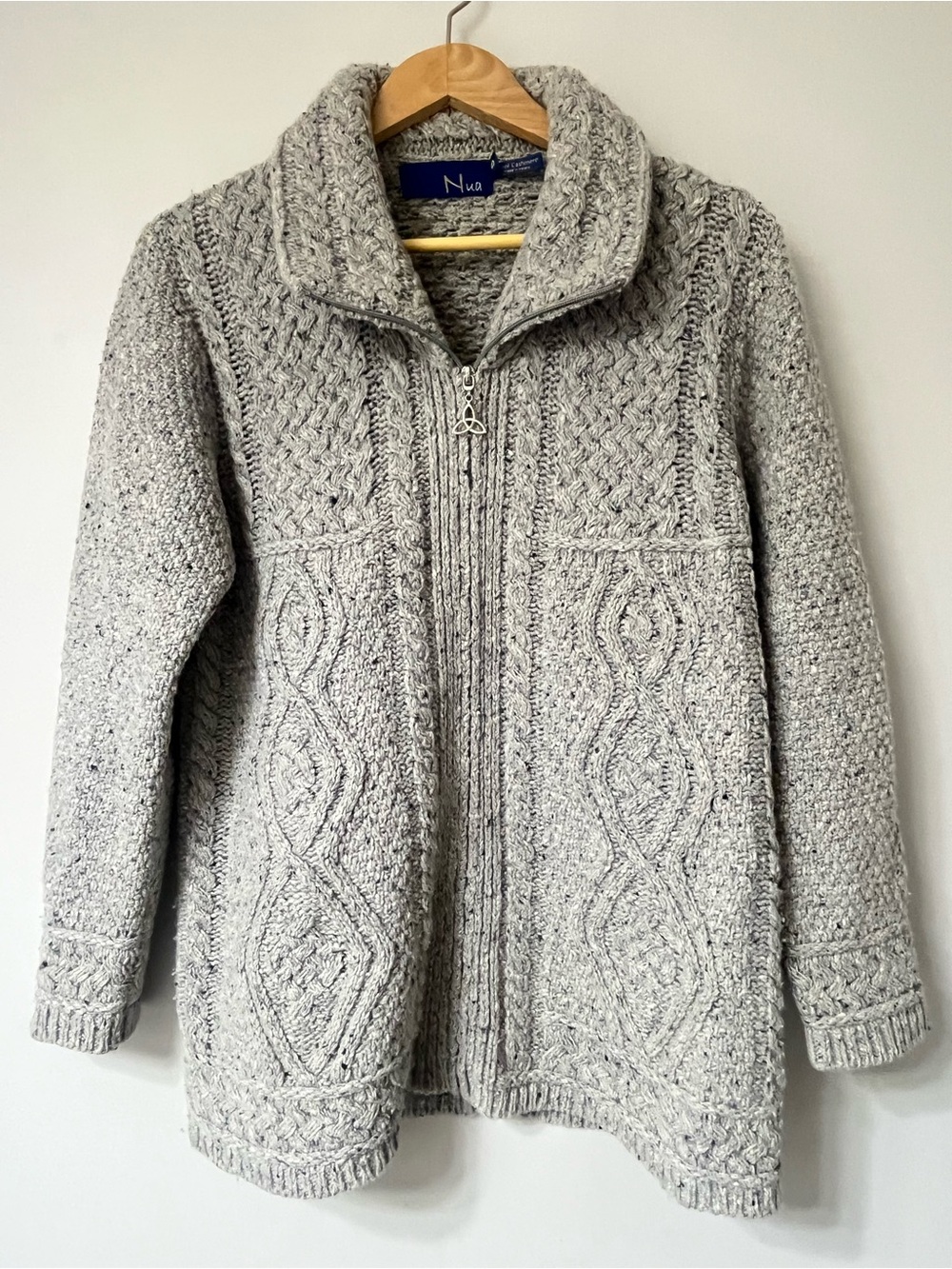 Nua Ireland Luxury Wool-Cashmere Full-Zip Aran Cable Knit Cardigan